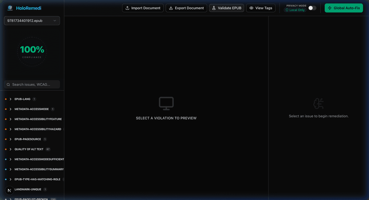 HoloRemedi compliance dashboard showing 100% compliance score with WCAG issue list