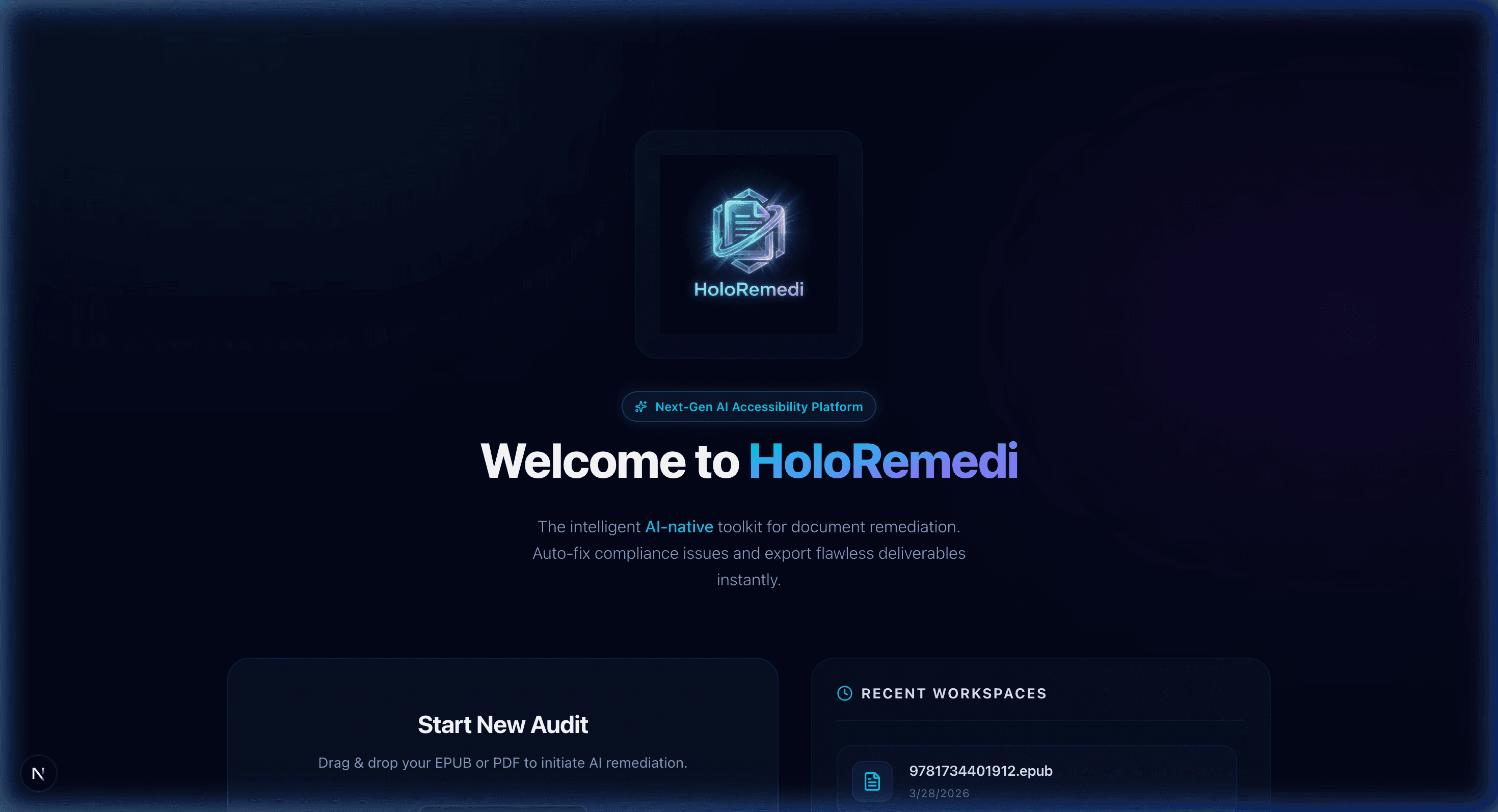 HoloRemedi welcome screen — the AI-native accessibility platform