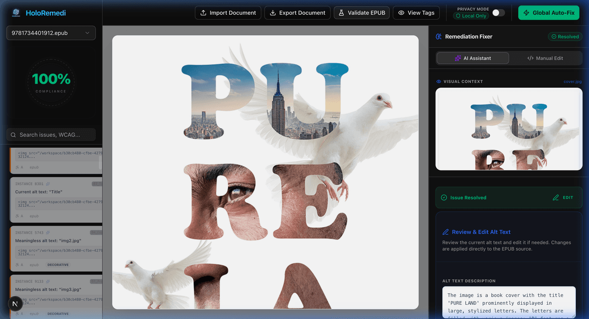 HoloRemedi platform showing AI-assisted EPUB remediation with live document preview and 100% compliance score
