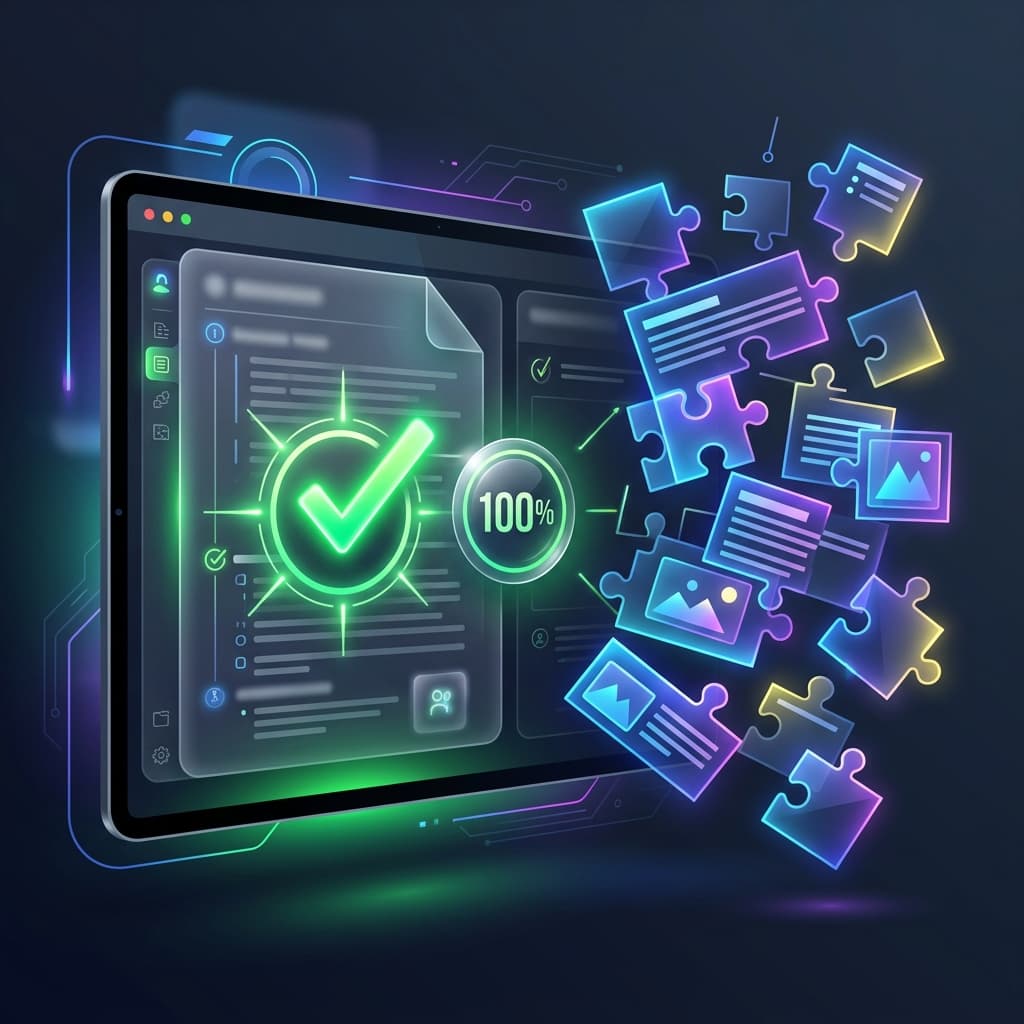 100% validation checkmark surrounded by disorganized puzzle pieces representing scrambled PDF tags